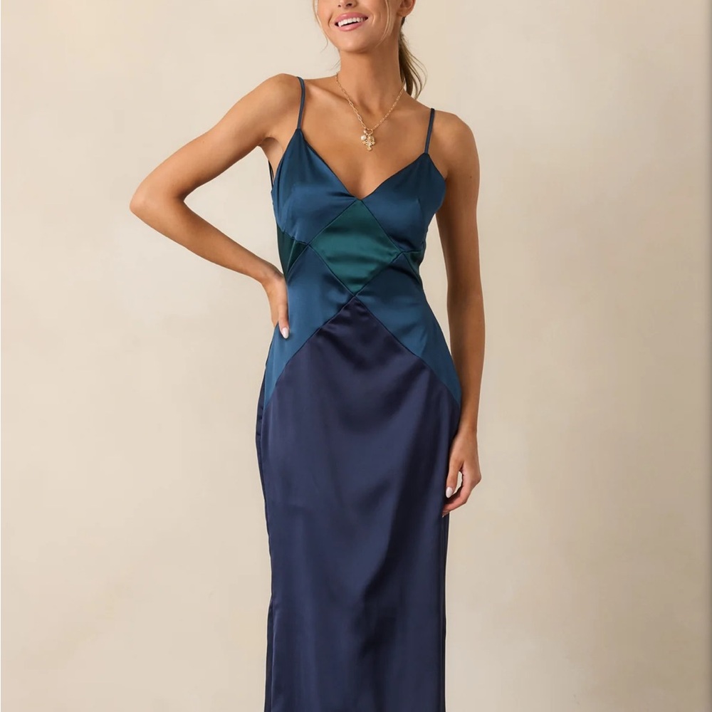 Red Dress Boutique Navy and Teal Satin Slip Dress